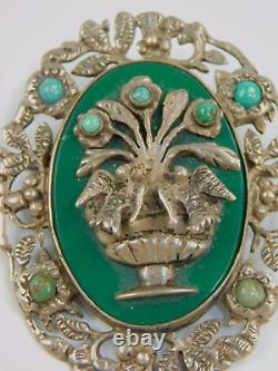 Vintage Mexico Sterling Silver Chrysoprase & Turquoise Birds of Paradise Brooch