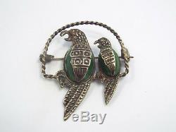 Vintage Mexico Sterling Silver & Green Stone Parrot Birds in Cage Brooch Pin