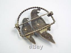 Vintage Mexico Sterling Silver & Green Stone Parrot Birds in Cage Brooch Pin