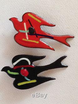Vintage Mid Century Modernist birds Enamel on Copper Pin Brooch