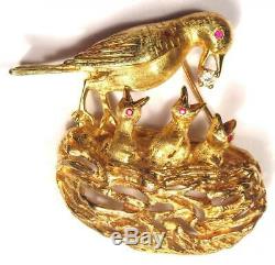 Vintage Mother Bird with Baby Nest Animal 14K Gold FJG Brooch Pin. Diamond, Ruby