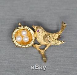 Vintage Mother Bird with Ruby Eye and Pearl Nest Pin Brooch 14k Yellow Gold