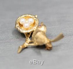 Vintage Mother Bird with Ruby Eye and Pearl Nest Pin Brooch 14k Yellow Gold