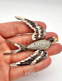 Vintage Multi Color Enamel Sparrow Bird Figural Trembler & Rhinestone Pin Brooch