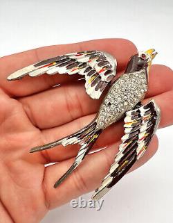 Vintage Multi Color Enamel Sparrow Bird Figural Trembler & Rhinestone Pin Brooch