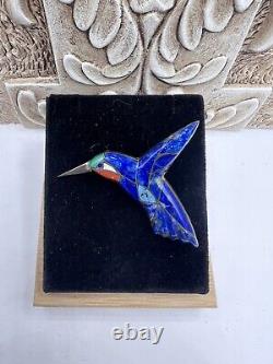 Vintage Native Sterling Silver Southwest Lapis Lazuli Inlay Hummingbird Brooch