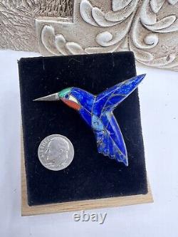 Vintage Native Sterling Silver Southwest Lapis Lazuli Inlay Hummingbird Brooch