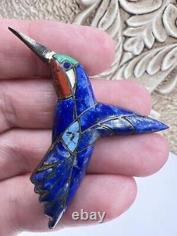 Vintage Native Sterling Silver Southwest Lapis Lazuli Inlay Hummingbird Brooch