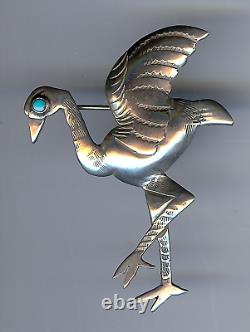 Vintage Navajo Indian Silver Turquoise Eye Ostrich Bird Pin Brooch