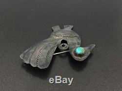 Vintage Navajo Indian Sterling Silver Bird Turquoise Stampwork Pin Brooch