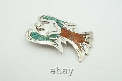 Vintage Navajo Sterling Silver Turquoise And Coral Peyote Bird Brooch Pendant