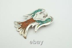 Vintage Navajo Sterling Silver Turquoise And Coral Peyote Bird Brooch Pendant