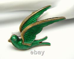 Vintage Norway HROAR PRYDZ Sterling Silver Green Enamel Bird Brooch Gold Vermeil
