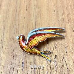 Vintage Norwegian Silver Guilloche Enamel Phoenix Bird Brooch By Hroar Prydz