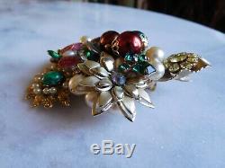 Vintage OOAK Collage Brooch Birds Flowers Rhinestones Crystals Pearls