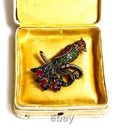 Vintage Old French Bird 14k Gold Silver Emerald Diamonds Rubies Sapphires Brooch