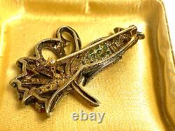 Vintage Old French Bird 14k Gold Silver Emerald Diamonds Rubies Sapphires Brooch