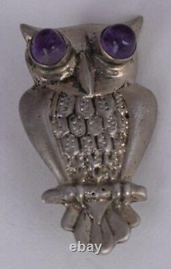 Vintage Old sterling silver & Amethyst eyes Owl bird pin brooch Mexico Mexican