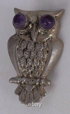 Vintage Old sterling silver & Amethyst eyes Owl bird pin brooch Mexico Mexican