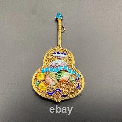 Vintage Orient Enamel Flowers Silver Brooch Pin Pendant