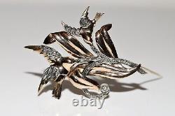 Vintage Original 1960s 14k Gold Natural Diamond Decorated Bird Brooch