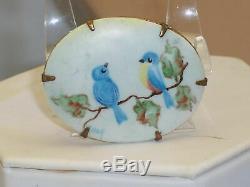 Vintage Painted Porcelain Brooch With Blue Birds
