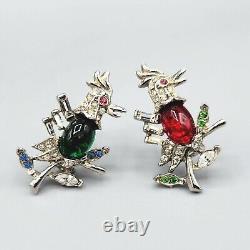 Vintage Pair Green Red Lucite Jelly Belly Rhinestone Parrot Rooster Brooches