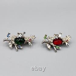 Vintage Pair Green Red Lucite Jelly Belly Rhinestone Parrot Rooster Brooches