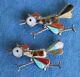 Vintage Pair Zuni Roadrunner Bird Inlay Turquoise Sterling Silver 2 Brooch Pins