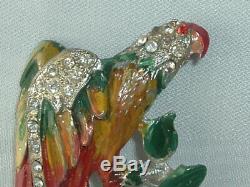 Vintage Parrot Bird Enamel Pot Metal Rhinestone Pin Brooch Made in USA