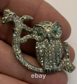 Vintage Pave Rhinestone Bird Brooch Art Deco Owl on Branch Rare Figural