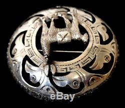 Vintage Peruvian 925 Sterling Silver Llama & Inca Bird Lg Round Clasp Pin Brooch