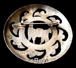 Vintage Peruvian 925 Sterling Silver Llama & Inca Bird Lg Round Clasp Pin Brooch
