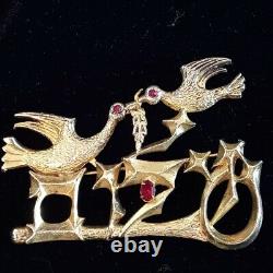 Vintage Pin Brooch 2 Birds Branch Gold Red Rhinestone Eyes Leaf 3 Long