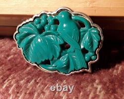 Vintage Poured Glass Bird With Berries Sterling Silver Brooch