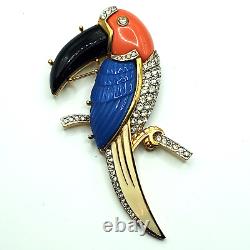 Vintage RARE KENNETH JAY LANE BLUE & Coral Lucite Crystal Rhinestone Bird Brooch