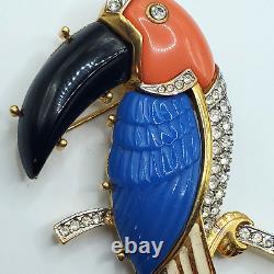 Vintage RARE KENNETH JAY LANE BLUE & Coral Lucite Crystal Rhinestone Bird Brooch