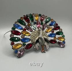 Vintage REINAD attr. Peacock Brooch Colorful Pot Metal Figural Bird Pin