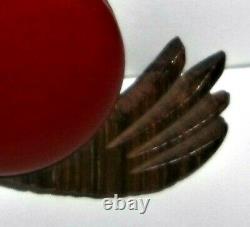 Vintage Rare Cherry Red Bakelite Carved Wood Figural Chicken Bird Brooch Pin