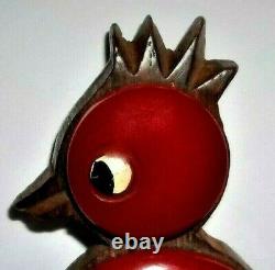 Vintage Rare Cherry Red Bakelite Carved Wood Figural Chicken Bird Brooch Pin