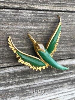 Vintage Rare Enamel French Malachite Metal Gold Plated Bird Pin Brooch