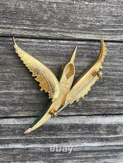 Vintage Rare Enamel French Malachite Metal Gold Plated Bird Pin Brooch