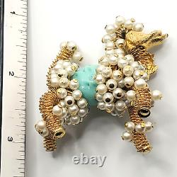 Vintage Rare Golden Spaghetti Wire Faux Pearl Rhinestone 3D Poodle Dog Brooch