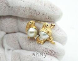 Vintage Retro 18k Yellow Gold Two Small Sparrow Birds Pearl-sapphire Pin Brooch