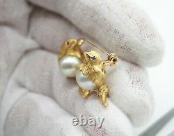 Vintage Retro 18k Yellow Gold Two Small Sparrow Birds Pearl-sapphire Pin Brooch