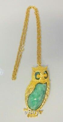 Vintage Retro Huge Owl Bird Gold Tone Lucite Pendant Chain Necklace Pin Brooch