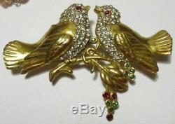 Vintage Rhinestone Bird Brooch Pin Nest on a Tree Birds 31940's Figural Jewelry