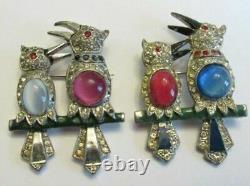 Vintage Rhinestone Bird Brooch Pins 1940s Figural Jewelry Rare Glass Cabochons