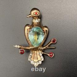 Vintage Rhinestone Bird Gold Plate Sterling Silver Pin Brooch