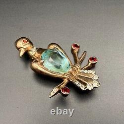 Vintage Rhinestone Bird Gold Plate Sterling Silver Pin Brooch